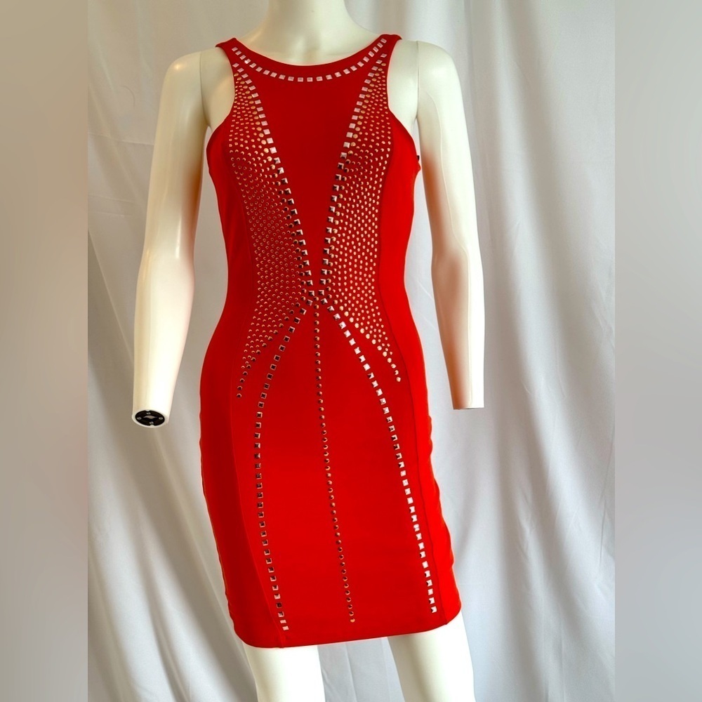 BEBE addiction, Orange Coloured Studded Mini Dress Scoop Neck open back. Size S